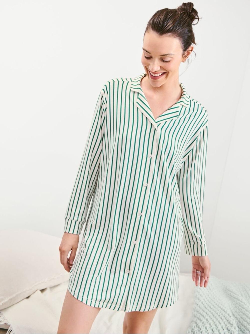 Hannah Andersson Women's Long Sleeve Nightshirt in HannaSoft, Green Stripe, XXL